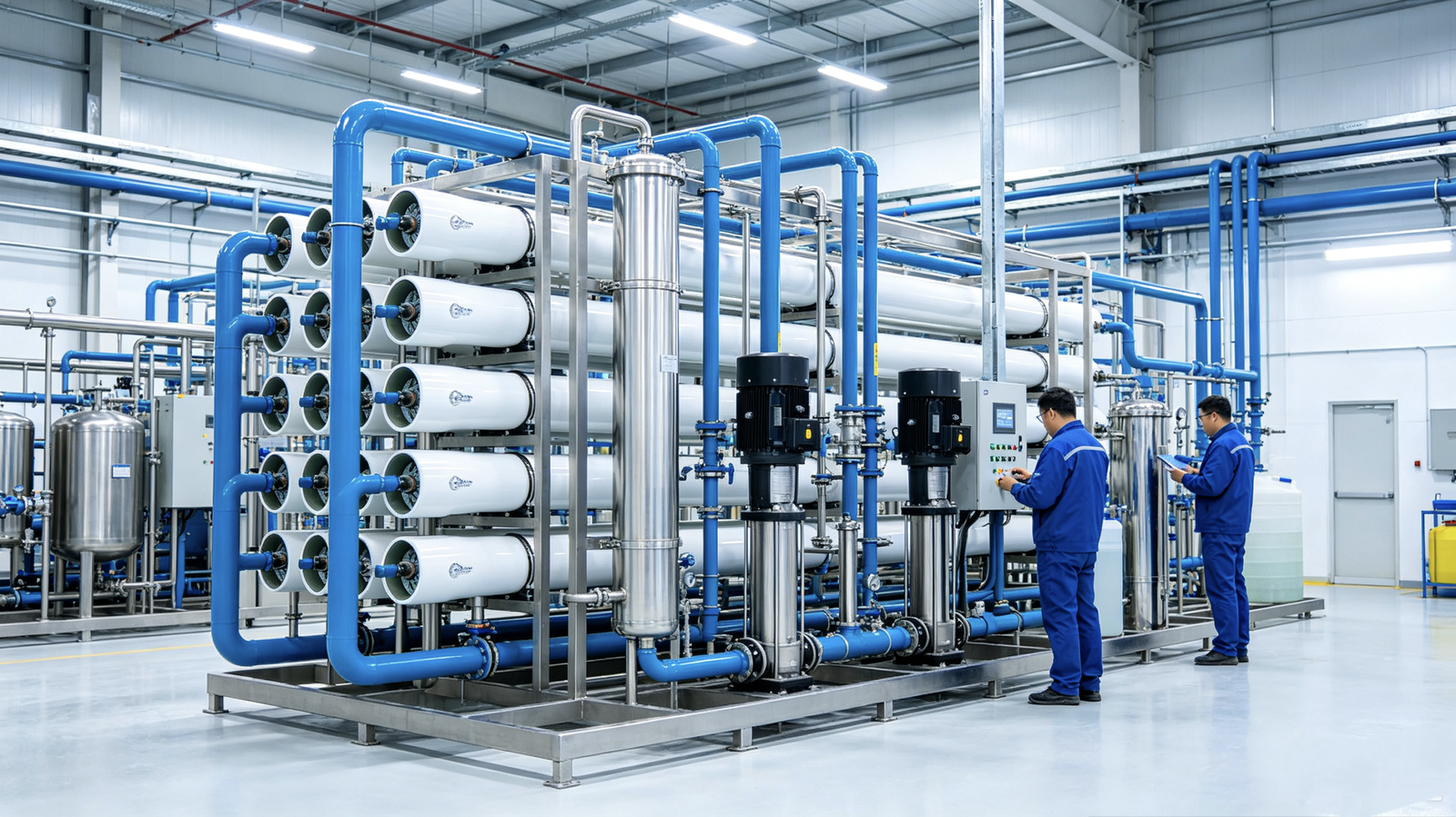 Industrial RO water treatment equipment workshop assembly site
